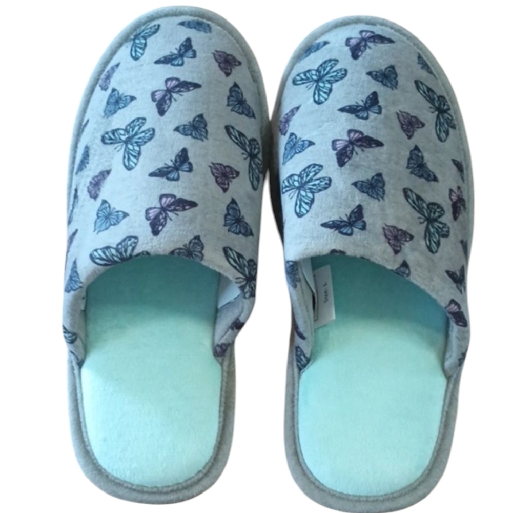 Butterfly Printed Slip On Slippers Gray & Blue Size Large